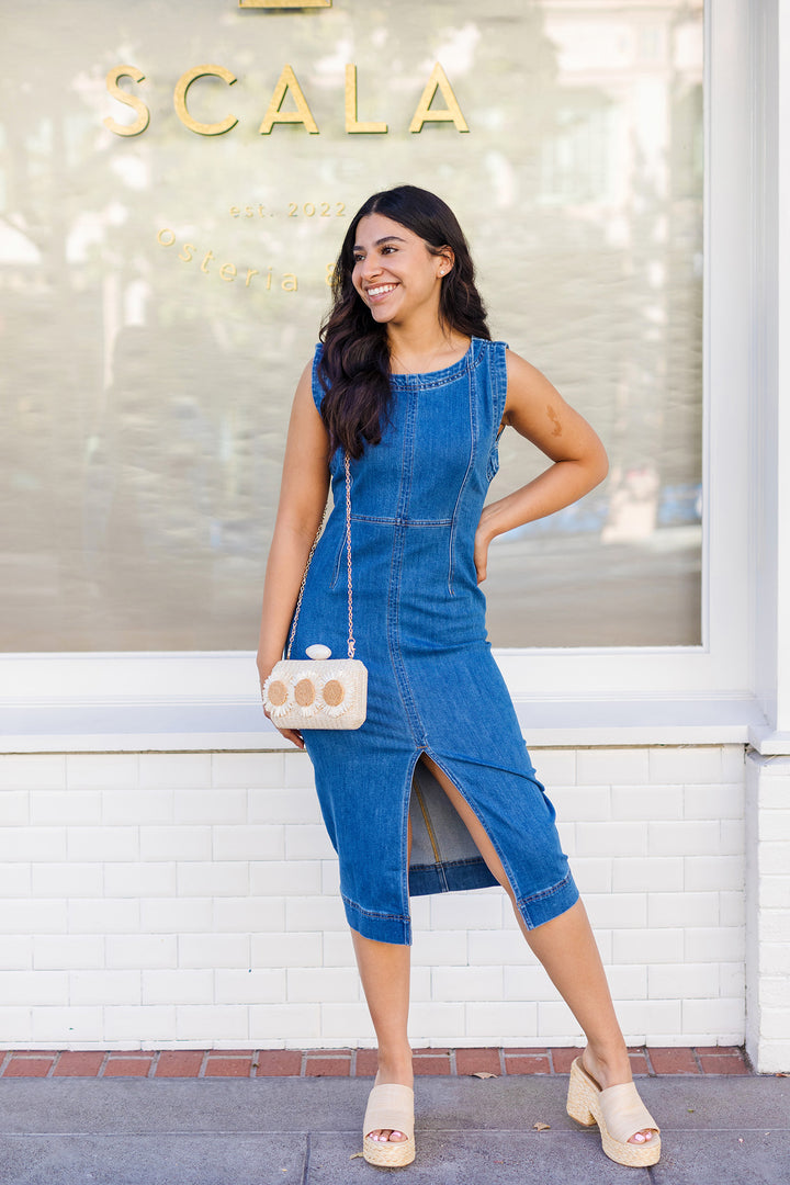 The Feel The Sunshine Sleeveless Denim Midi Dress