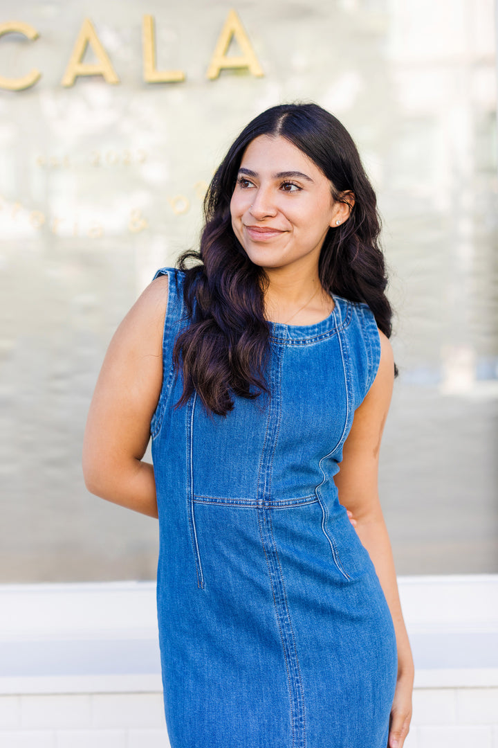 The Feel The Sunshine Sleeveless Denim Midi Dress