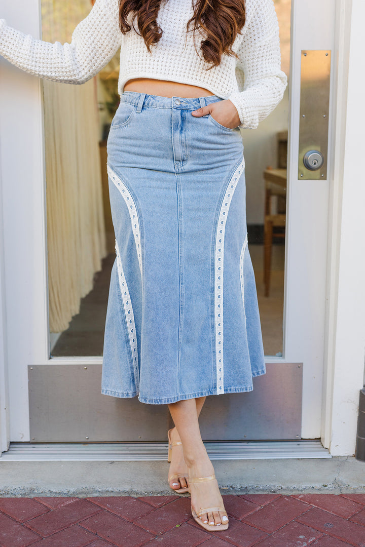 The Lucy Blue Denim and Lace Maxi Skirt