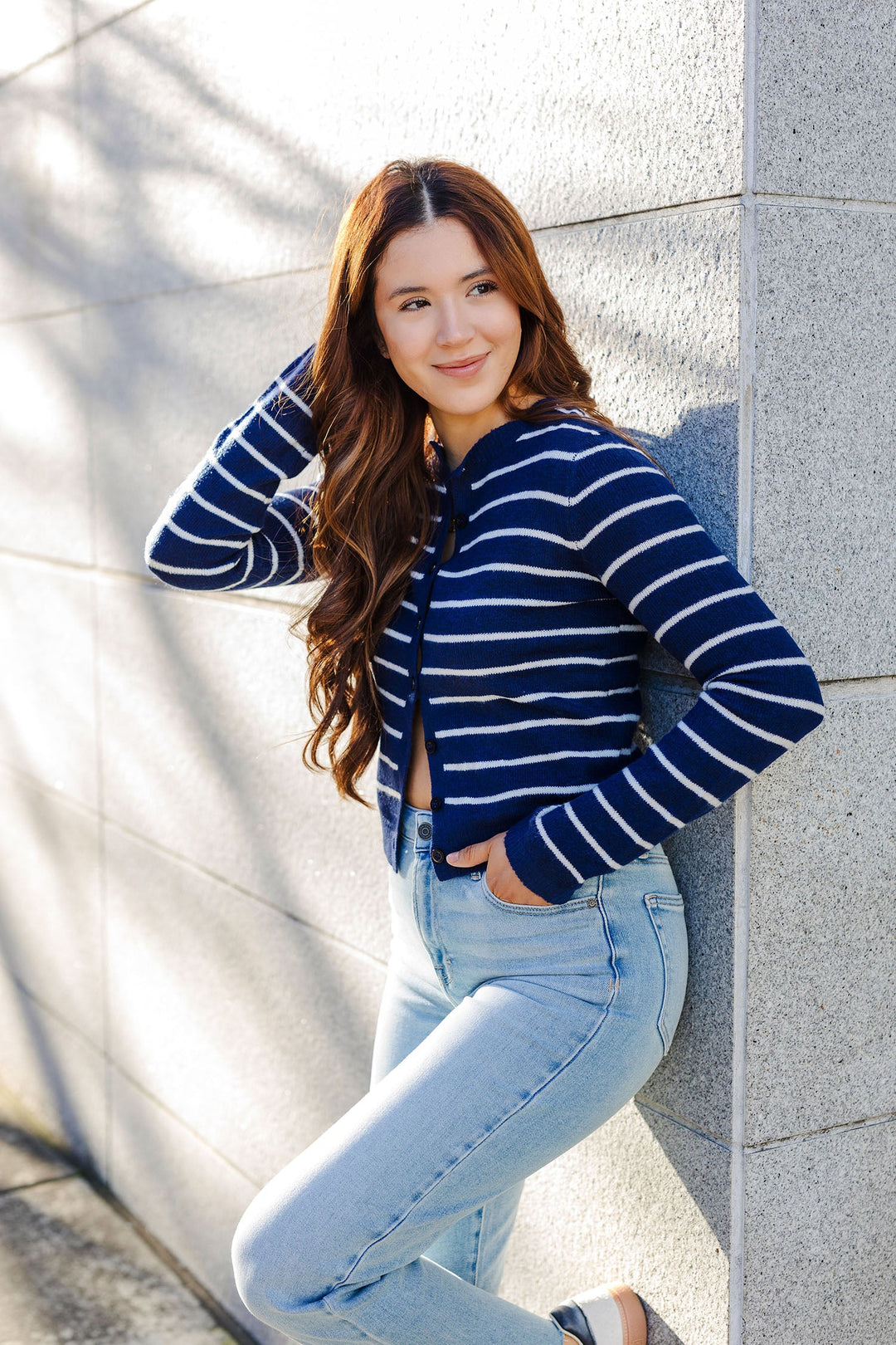 The Get In Line Navy Striped Cardigan Sweater