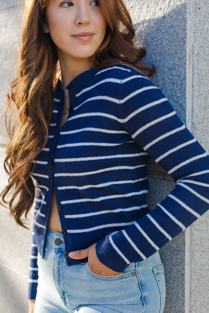 The Get In Line Navy Striped Cardigan Sweater