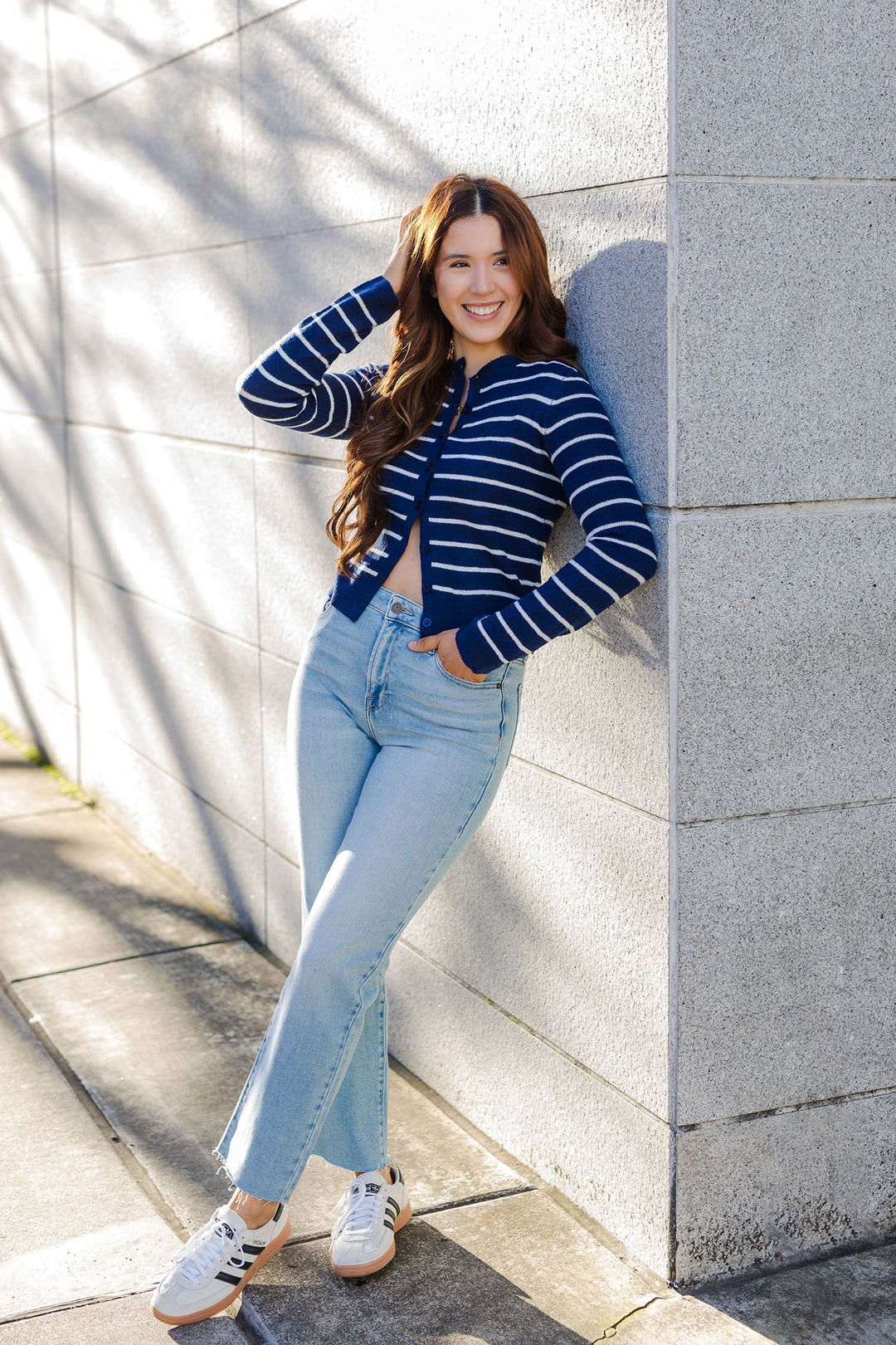 The Get In Line Navy Striped Cardigan Sweater