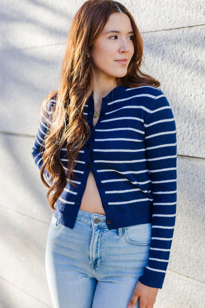 The Get In Line Navy Striped Cardigan Sweater