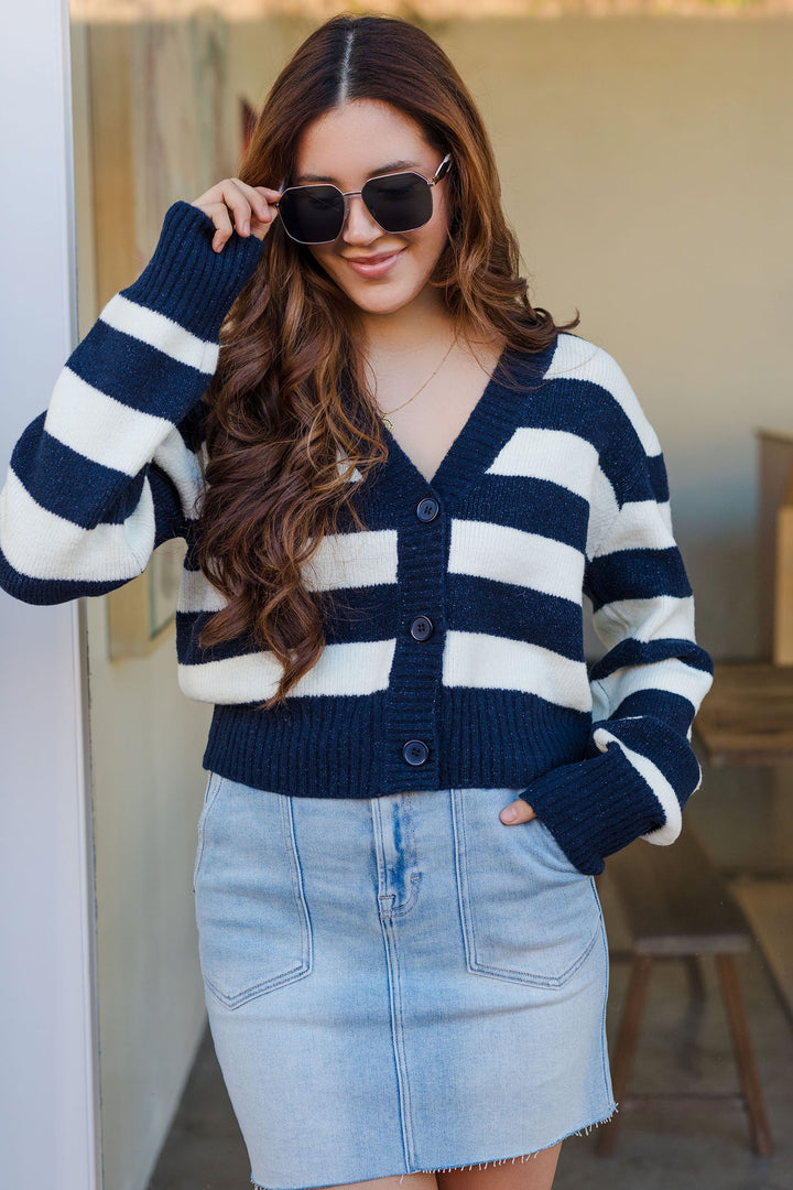 The Study Hall Striped Navy Cardigan Sweater