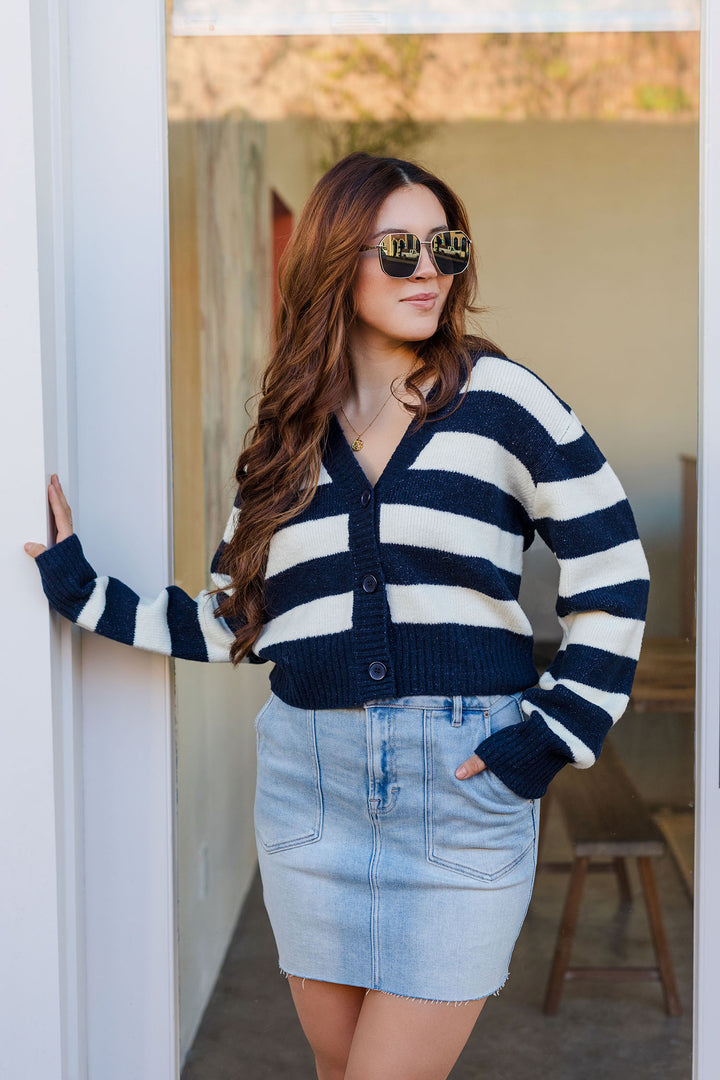 The Study Hall Striped Navy Cardigan Sweater