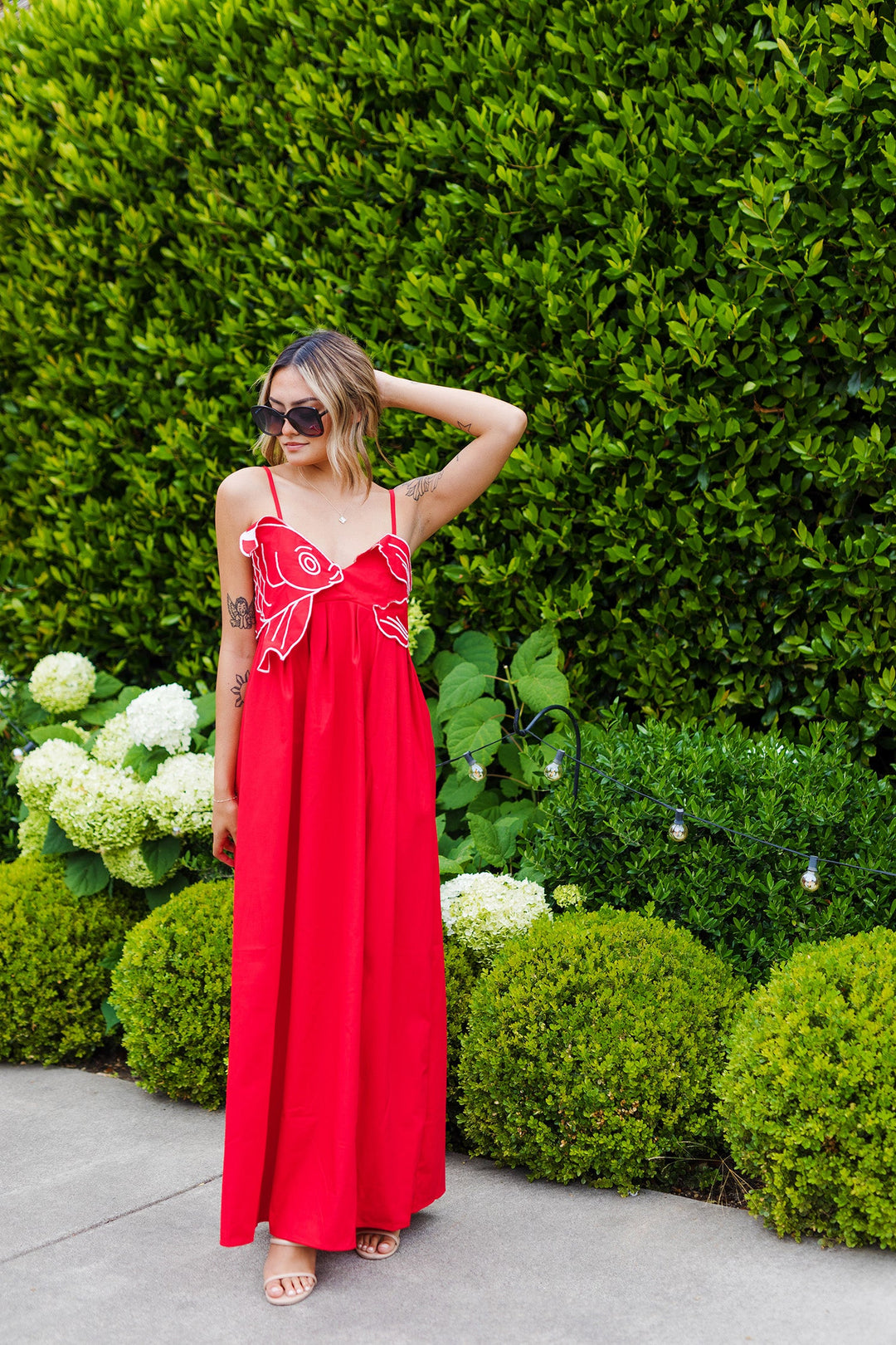 The Taisho Red Koi Embroidered Maxi Dress