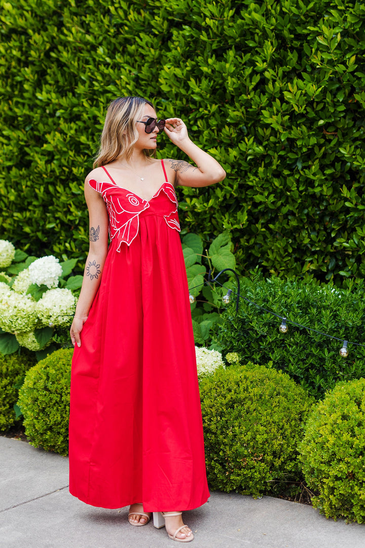 The Taisho Red Koi Embroidered Maxi Dress