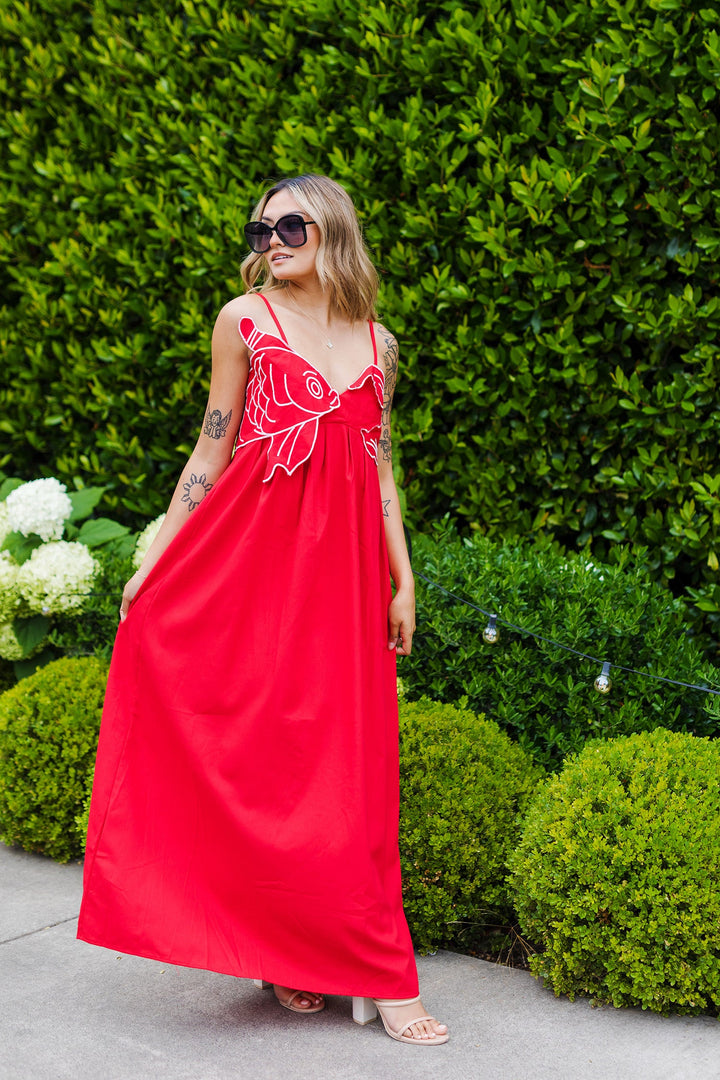 The Taisho Red Koi Embroidered Maxi Dress