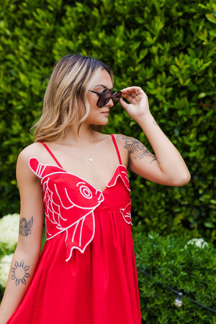 The Taisho Red Koi Embroidered Maxi Dress