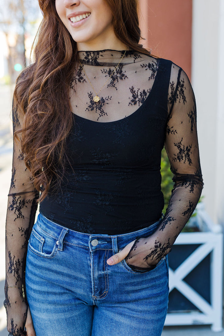 The Touch Of Class Lace Printed Sheer Long Sleeve Top