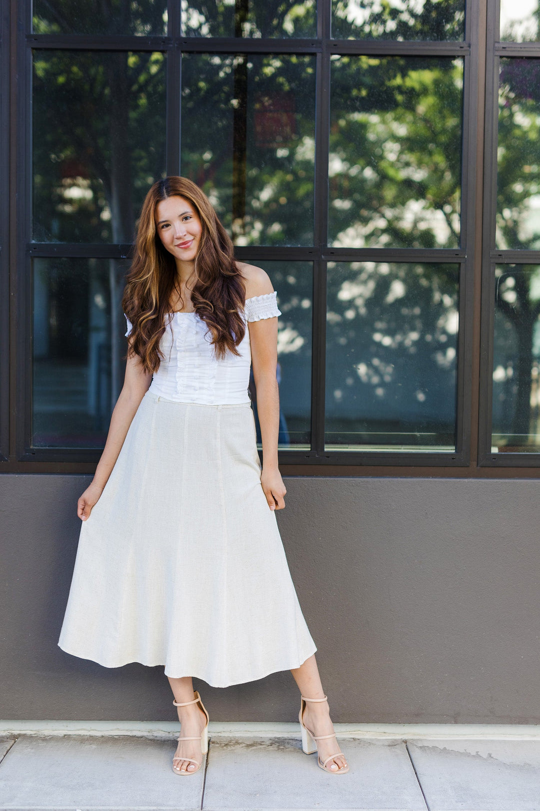 The Get In Line Natural Linen Midi Skirt