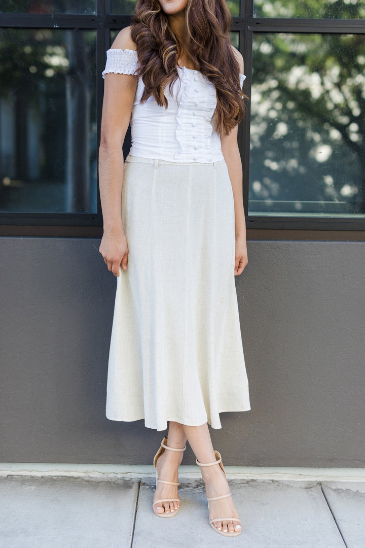 The Get In Line Natural Linen Midi Skirt