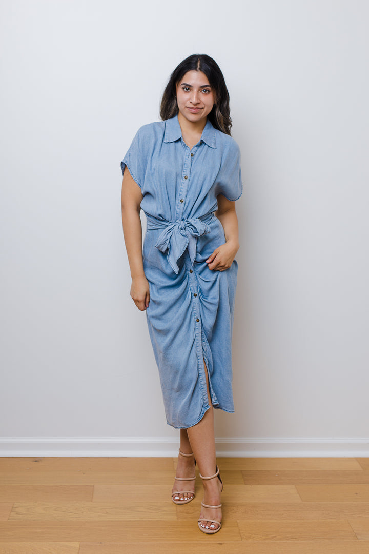 The Janina Denim Tie Front Midi Dress