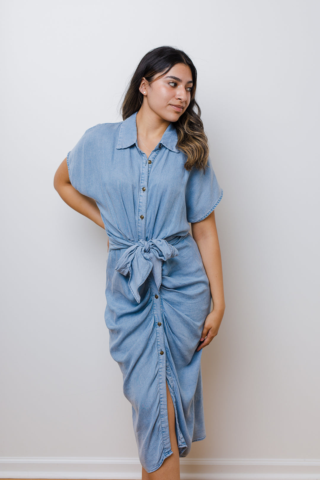 The Janina Denim Tie Front Midi Dress