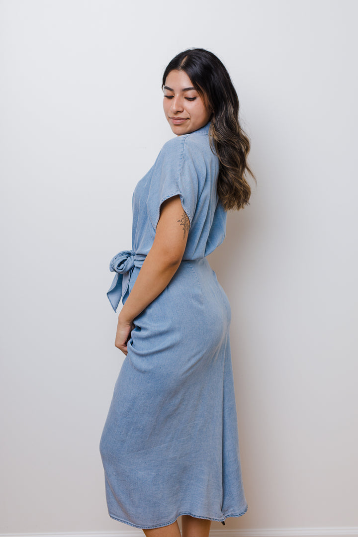 The Janina Denim Tie Front Midi Dress