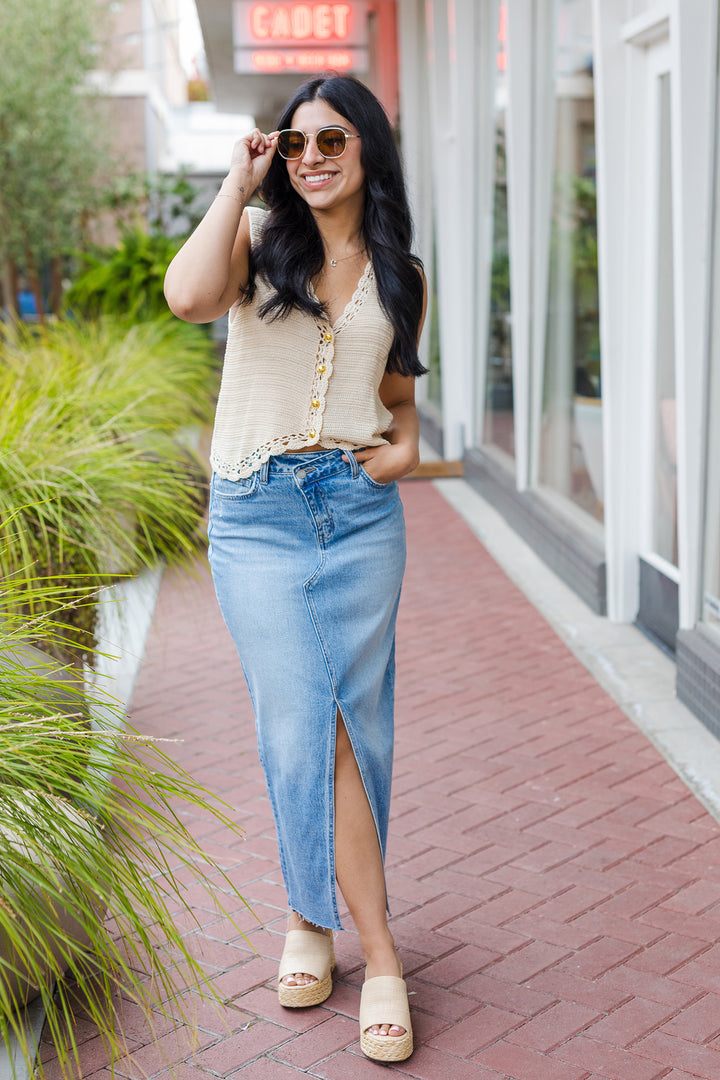 The Go West Light Wash Denim Maxi Skirt