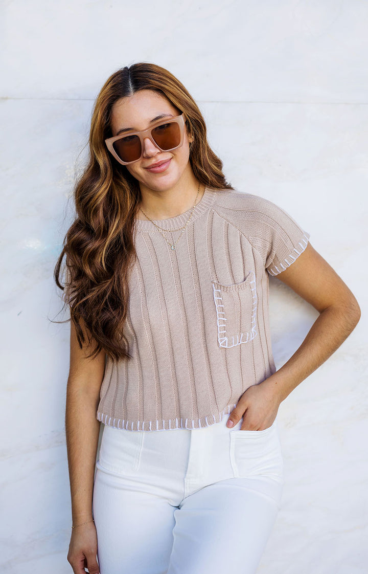 The In Stitches Taupe Sweater Top