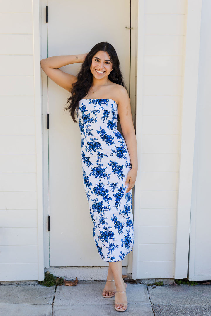 The Skies Are Blue Floral Print Midi Dress