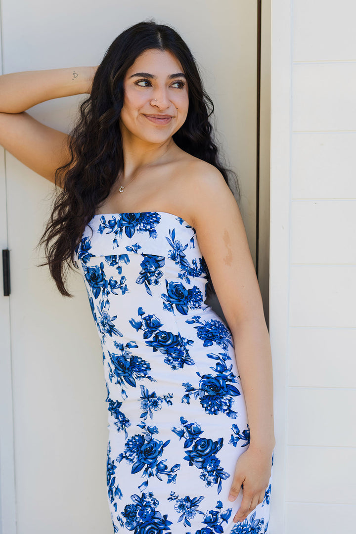 The Skies Are Blue Floral Print Midi Dress