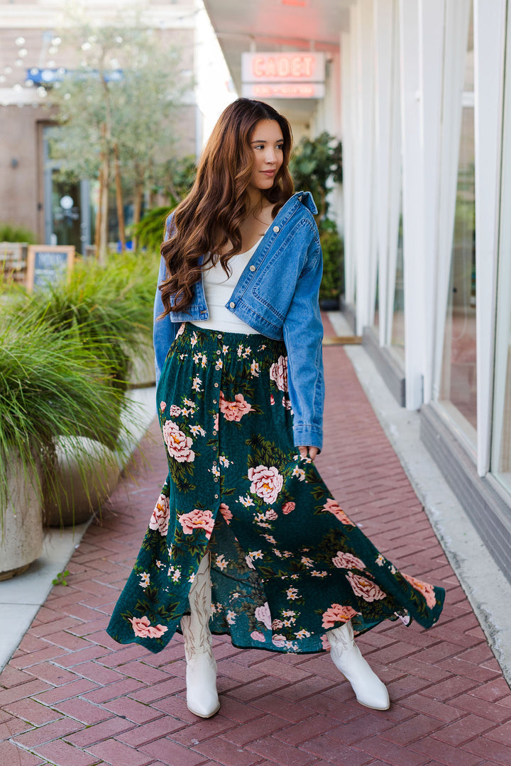 The Field of Roses Floral Print Maxi Skirt