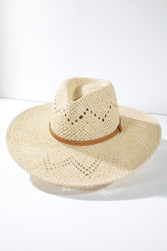 Natural Woven Straw Eyelet Wide Brim Panama Hat