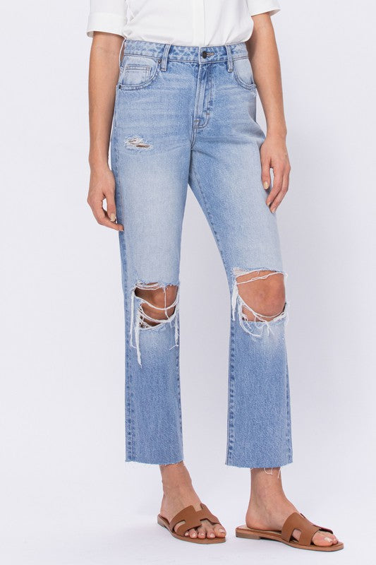 The Sophie Medium Wash Distressed Knee Straight Jeans