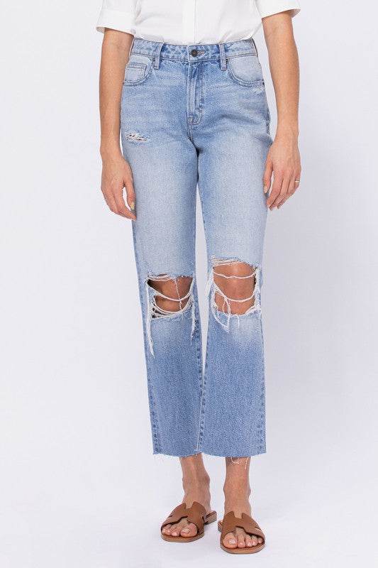 The Sophie Medium Wash Distressed Knee Straight Jeans