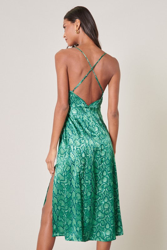 The Gwendolyn Green Snake Print Parting Ways Midi Dress