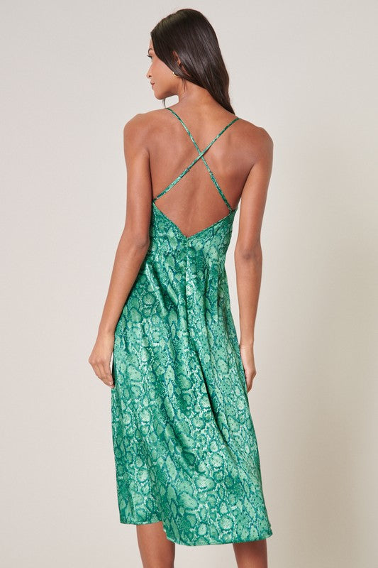 The Gwendolyn Green Snake Print Parting Ways Midi Dress