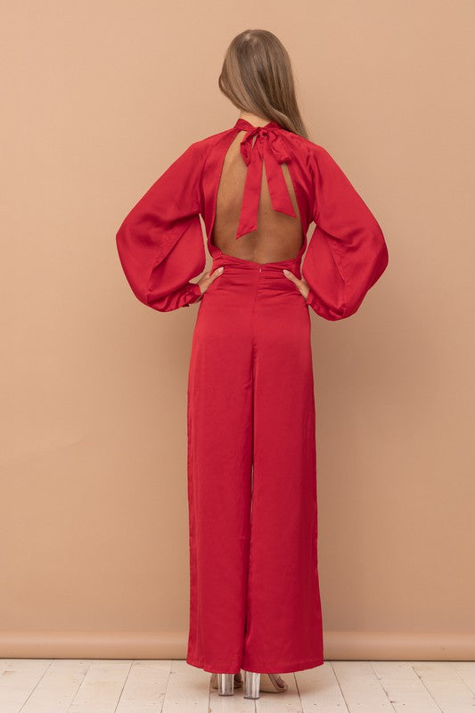 The Mariah Red Satin Open-Back Jumpsuit