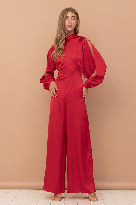 The Mariah Red Satin Open-Back Jumpsuit