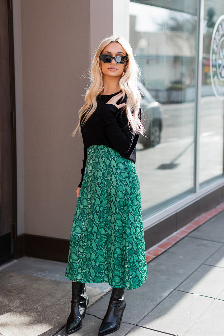 The Gwendolyn Green Snake Print Parting Ways Midi Dress