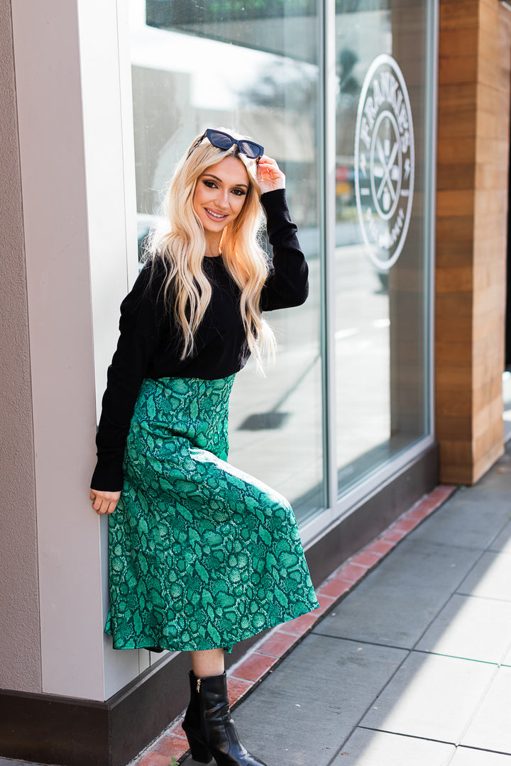 The Gwendolyn Green Snake Print Parting Ways Midi Dress