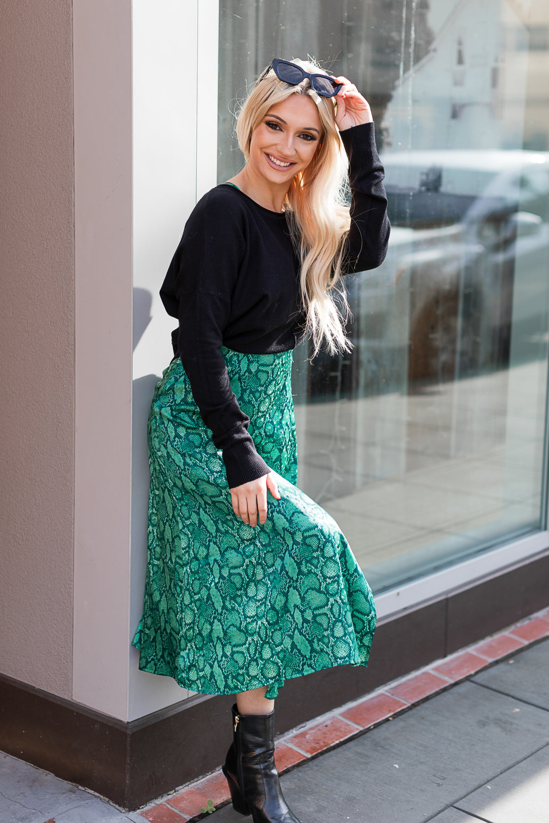 The Gwendolyn Green Snake Print Parting Ways Midi Dress