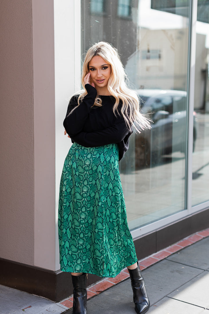 The Gwendolyn Green Snake Print Parting Ways Midi Dress