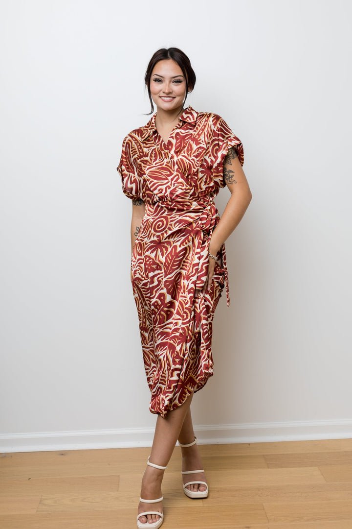 The Taking Chances Rust Palm Satin Wrap Dress